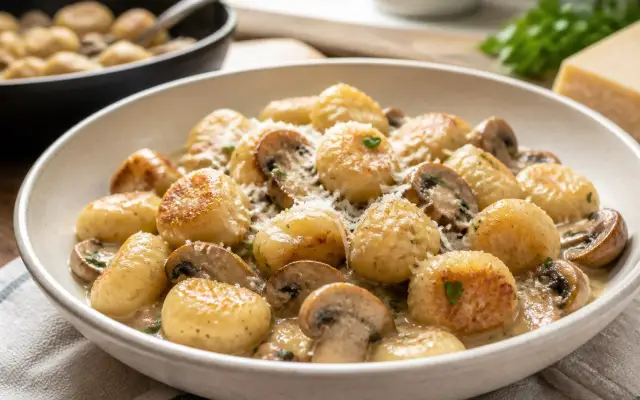 Gnocchis poêlés crème, parmesan et champignons