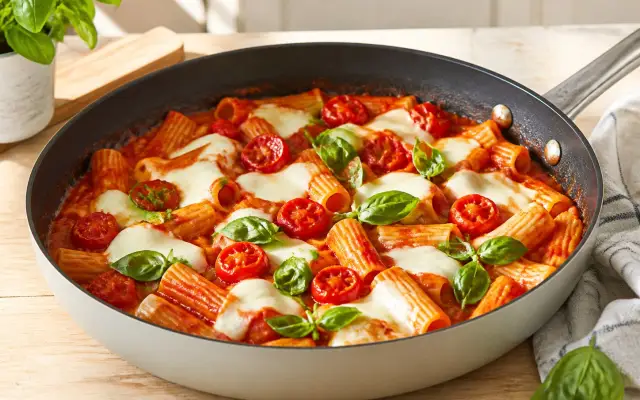 One pot pasta tomate, mozzarella et basilic