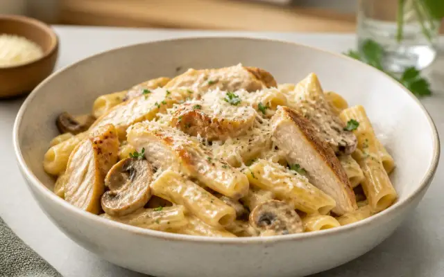Pâtes à la crème, poulet et champignons : la recette facile