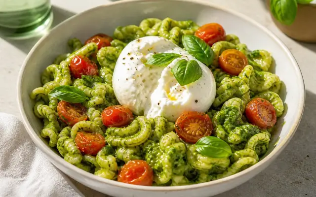 Pâtes au pesto, burrata et tomates cerises