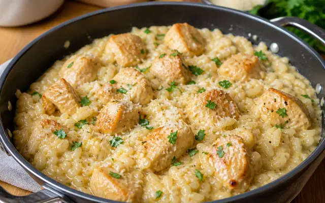 Riz crémeux au poulet façon risotto rapide