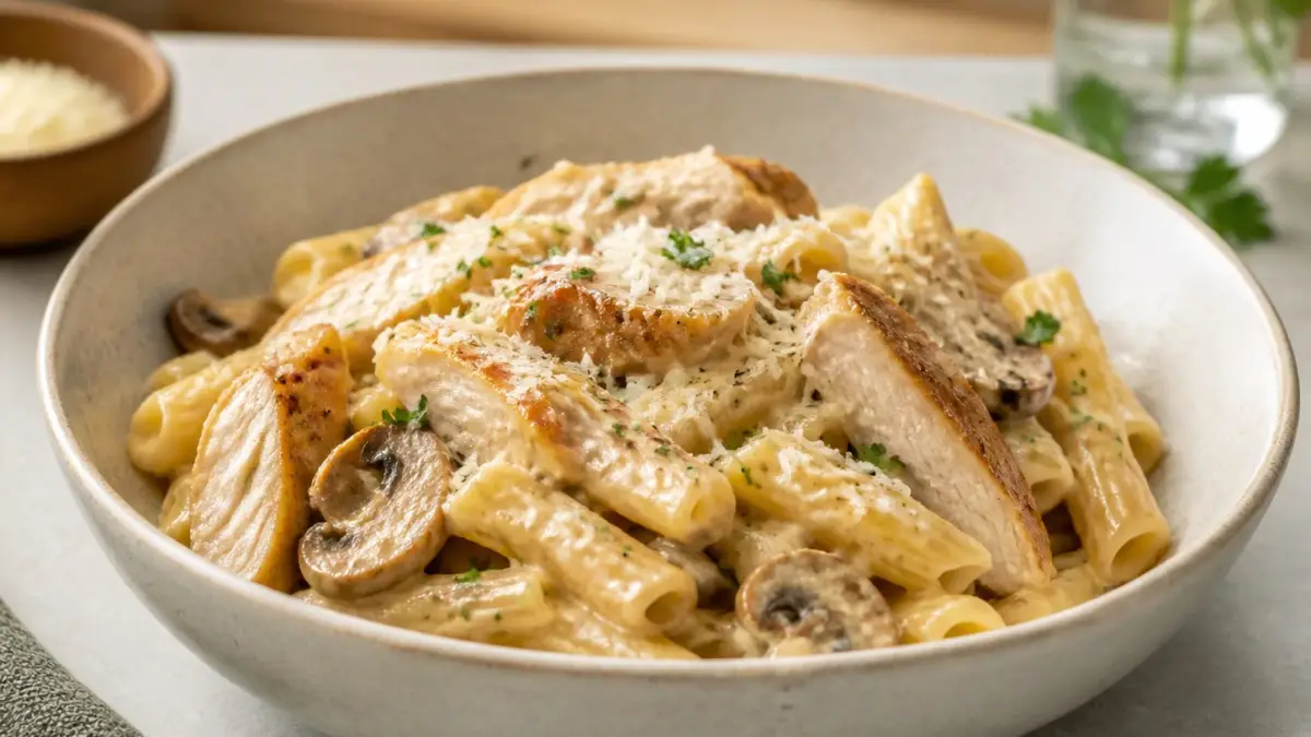 Pâtes à la crème, poulet et champignons : la recette facile - article FoodyParis