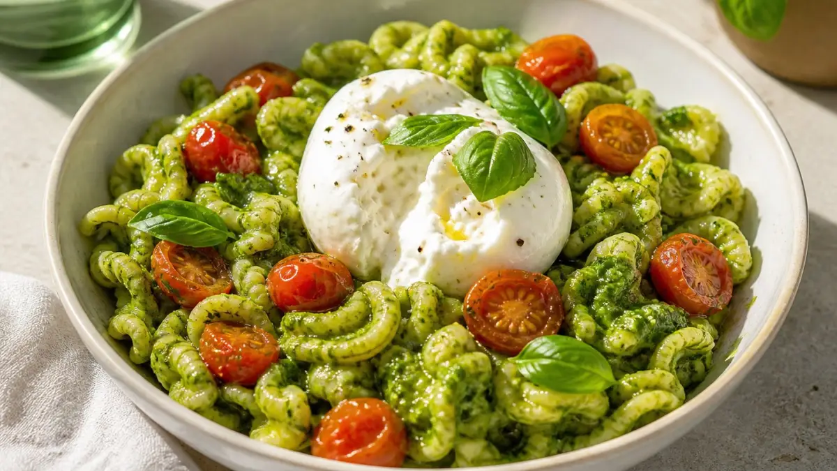 Pâtes au pesto, burrata et tomates cerises - article FoodyParis