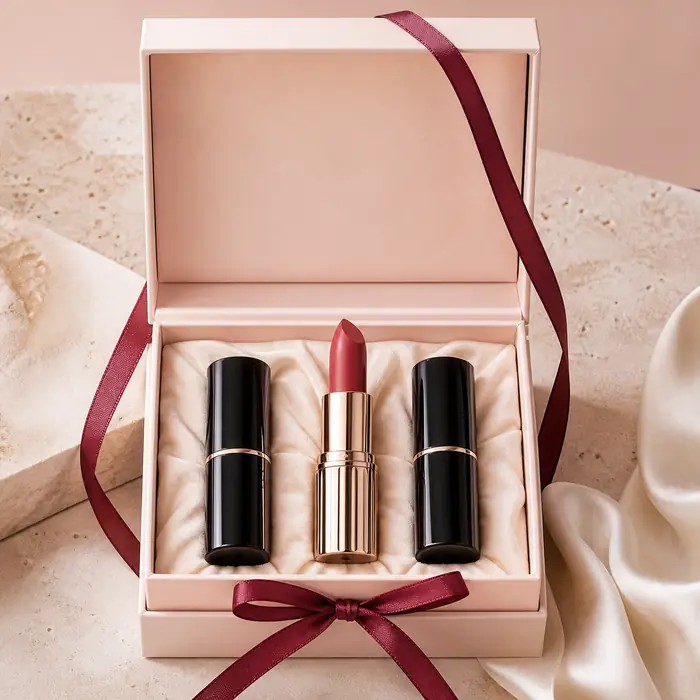 Coffret Rose poudré avec rouges à lèvres et ruban bordeaux
