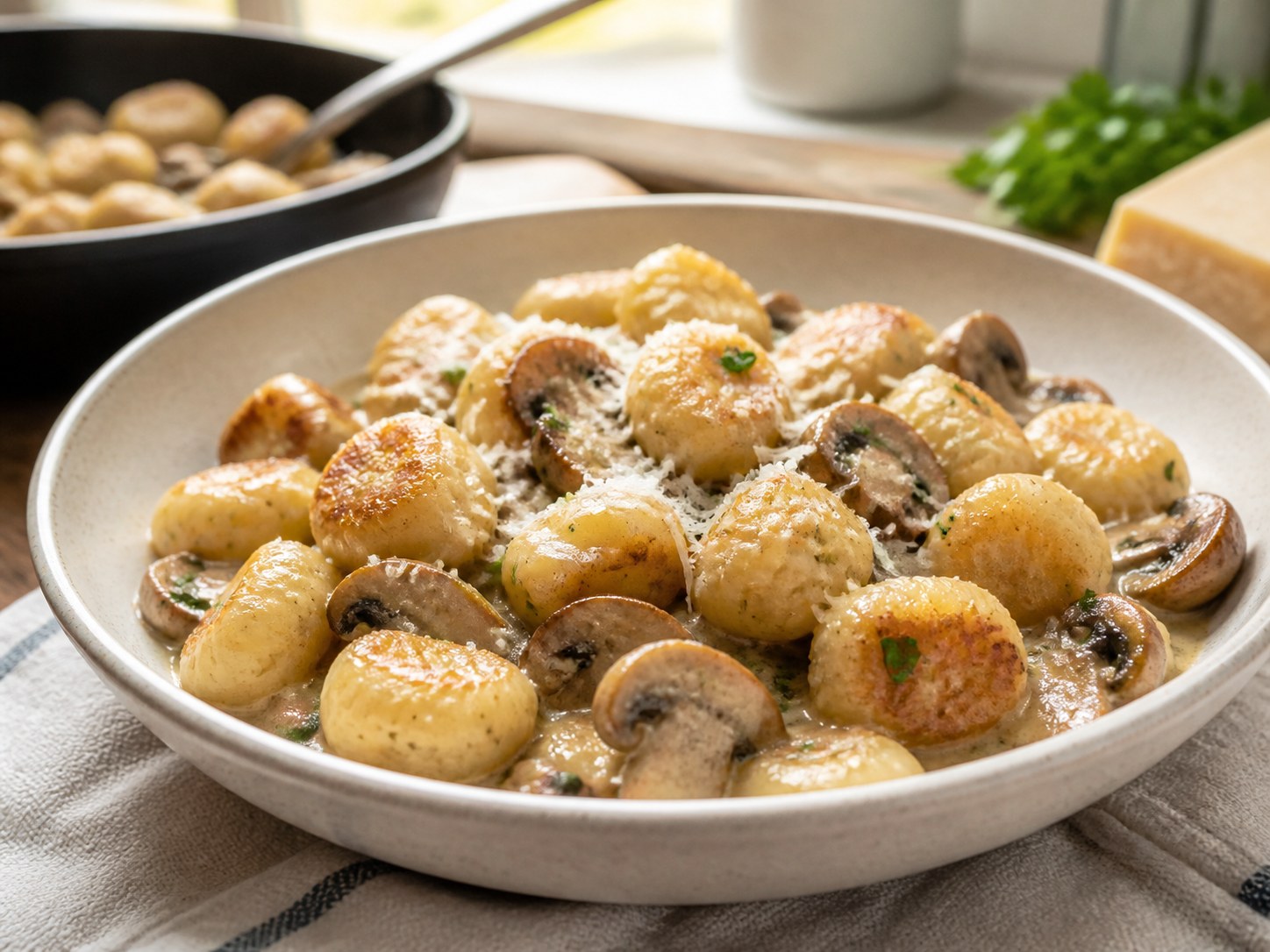 Gnocchis poêlés crème, parmesan et champignons