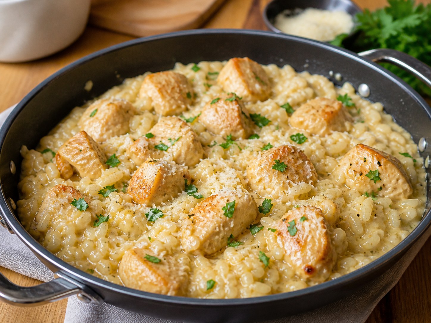 Riz crémeux au poulet façon risotto rapide